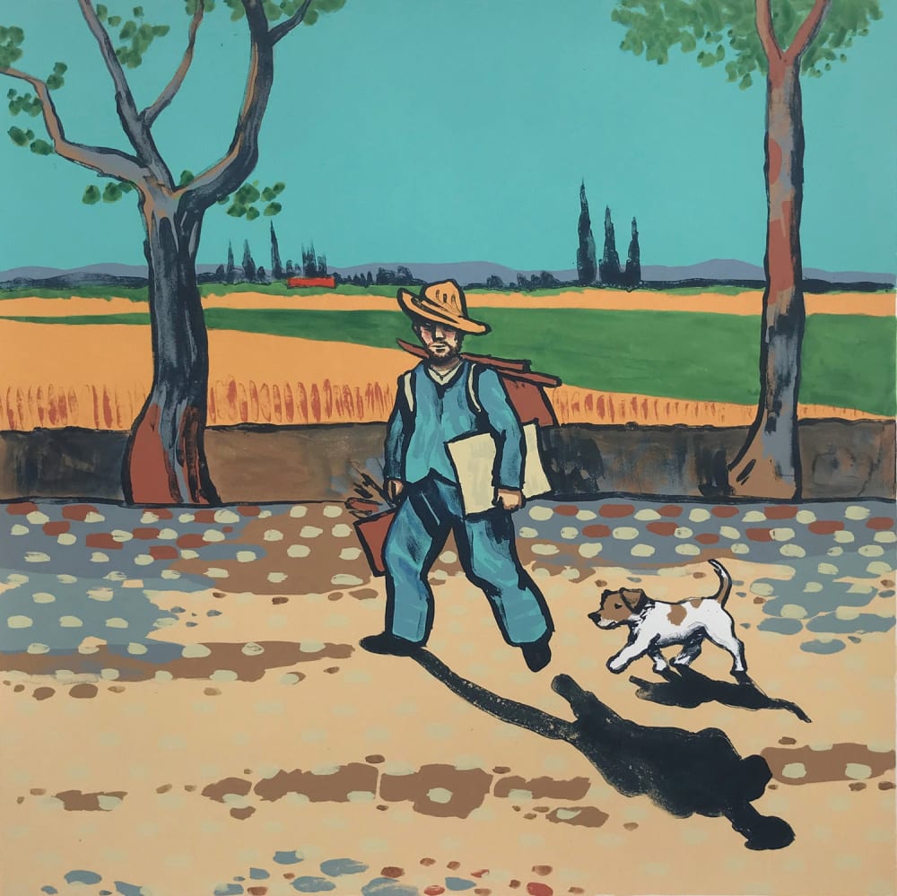 Mychael Barratt's homage to van Gogh's The Painter On His Way to Work, in the same style as the original painting but with the inclusion of a dog with the artist.
