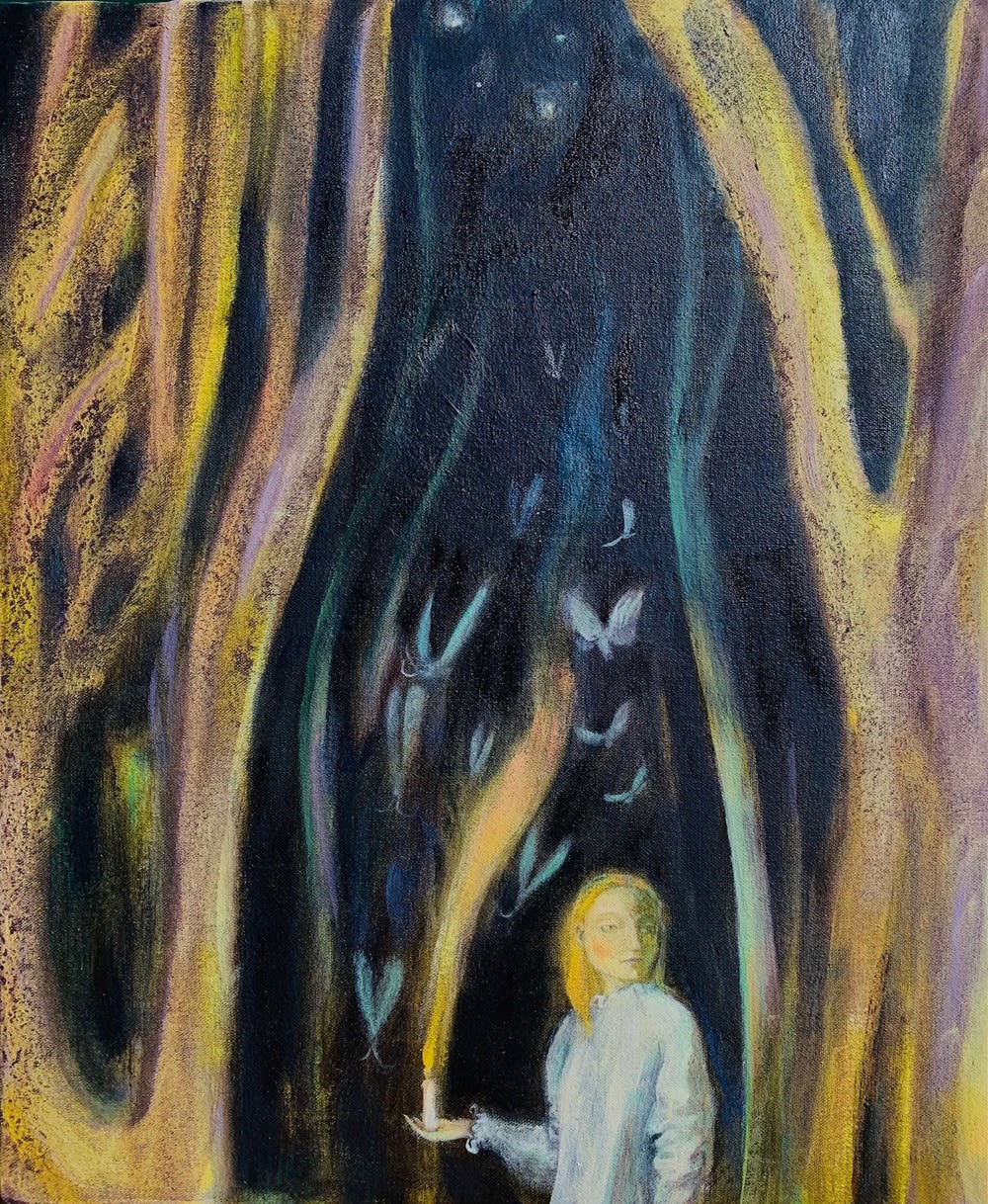 Flora McLachlan oil on linen painting of a woman stands among tall plants at night with a candle in her hand and moths gathering around her.