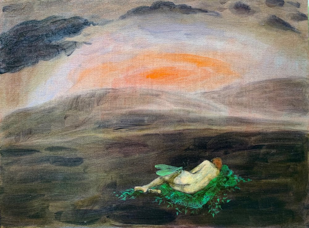 Flora McLachlan oil on linen painting showing a naked woman on a grassy blanket, a lacewing perched on her behind, the sun rising behind hills in the background.