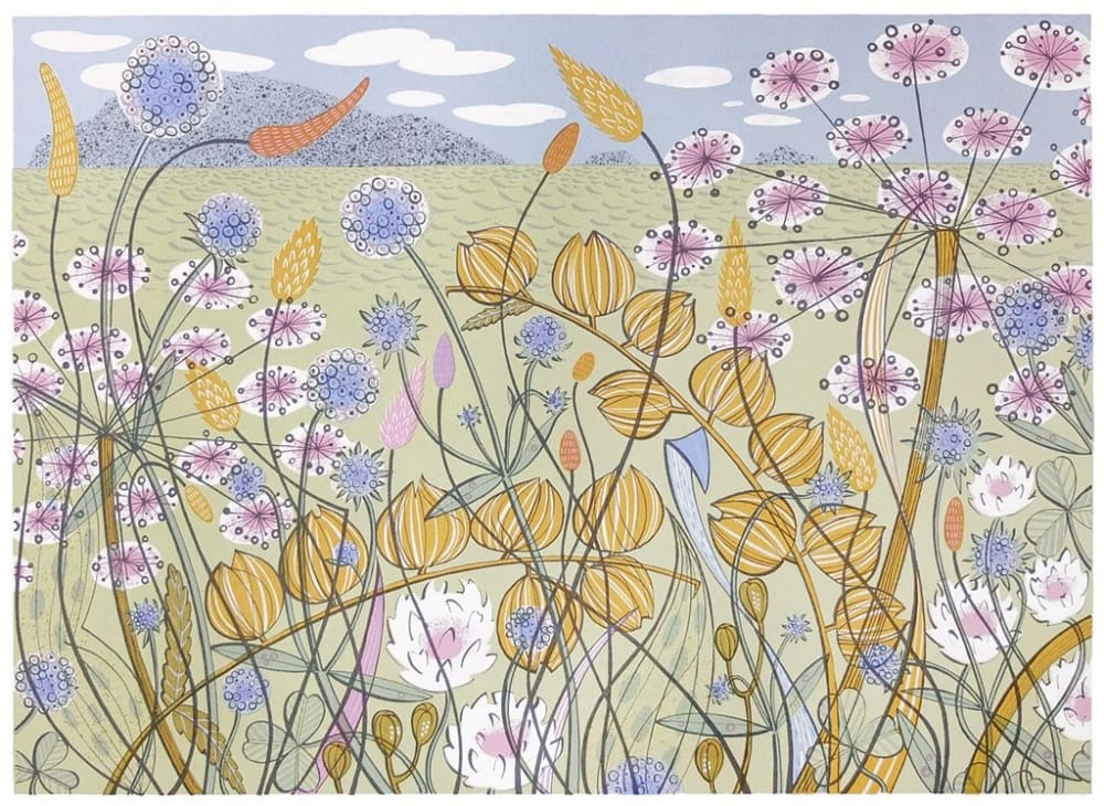 Angie Lewin screenprint of a shoreline flora and fauna a pale green loch and grey mountain in the background