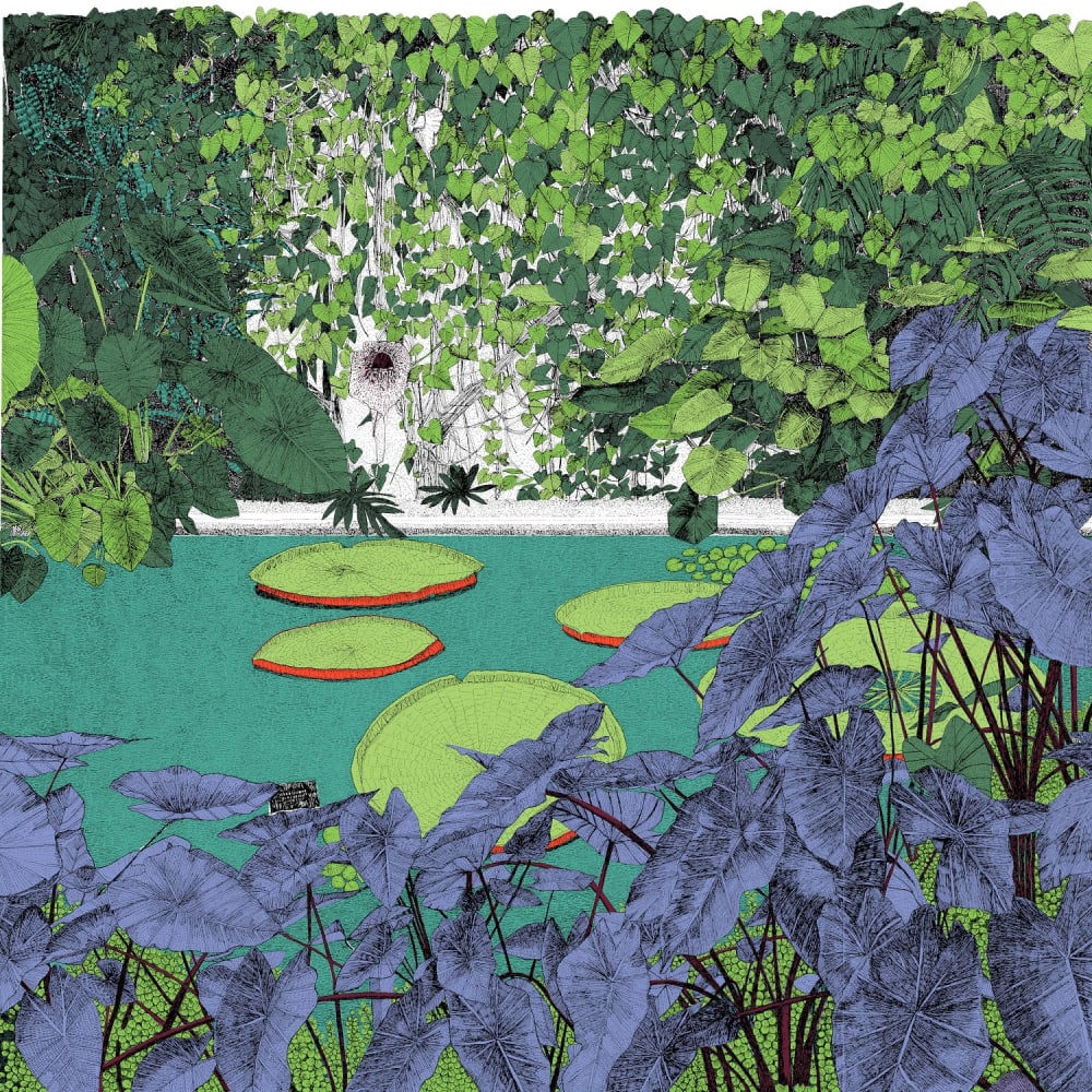 Clare Halifax screen-print of an indoor waterlily garden with a pond of lilypads