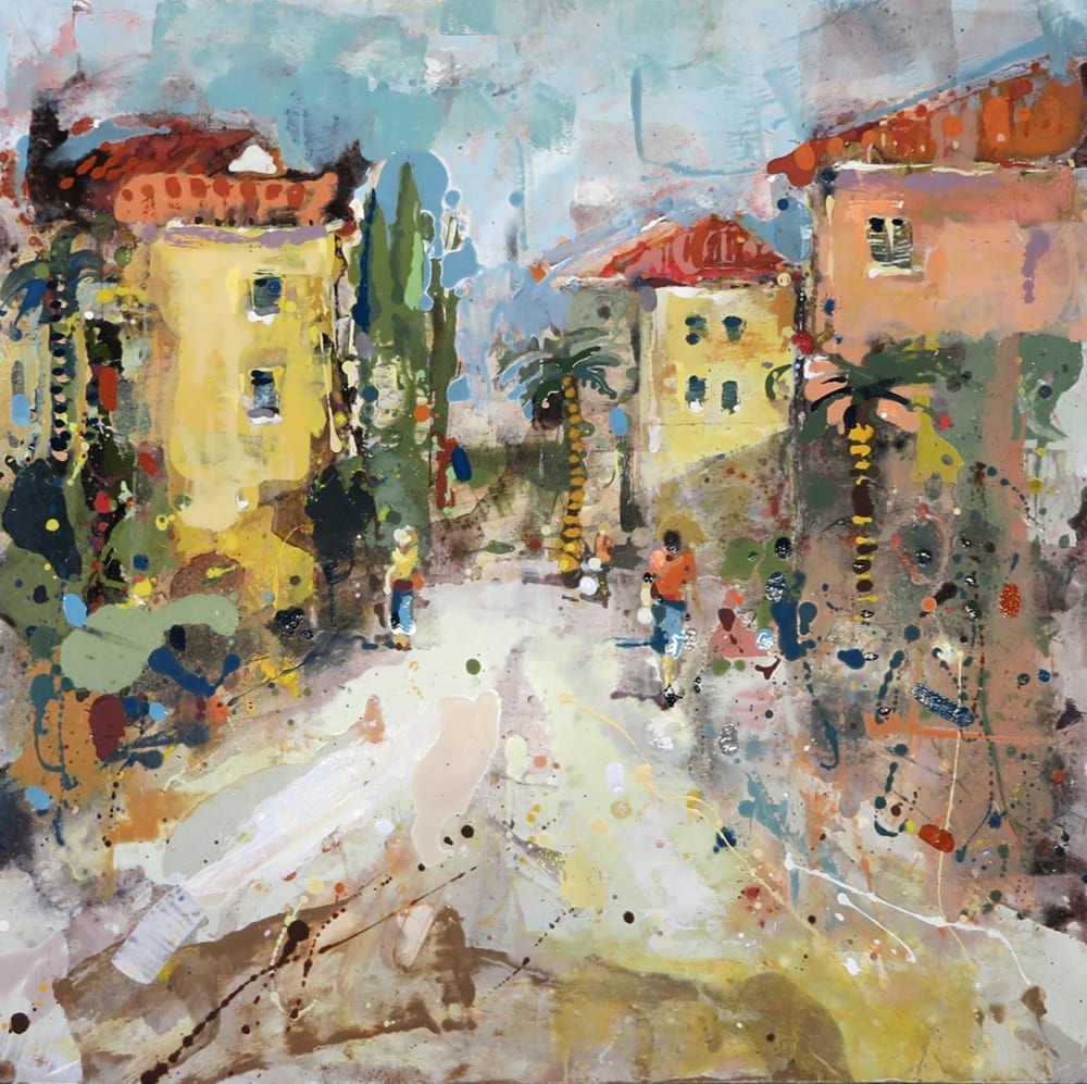 Andrew Hood oil piece, showing a road in a village in Tuscany, Italy, with building surrounding it and people walking along.