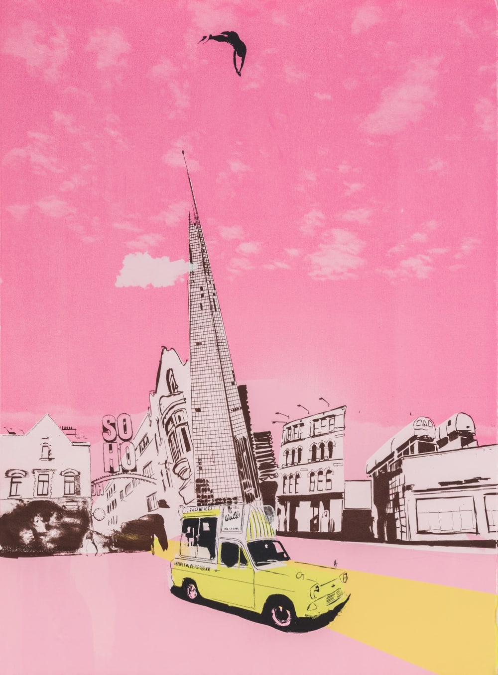 Anna Marrow screenprint of London in pink with yellow cab