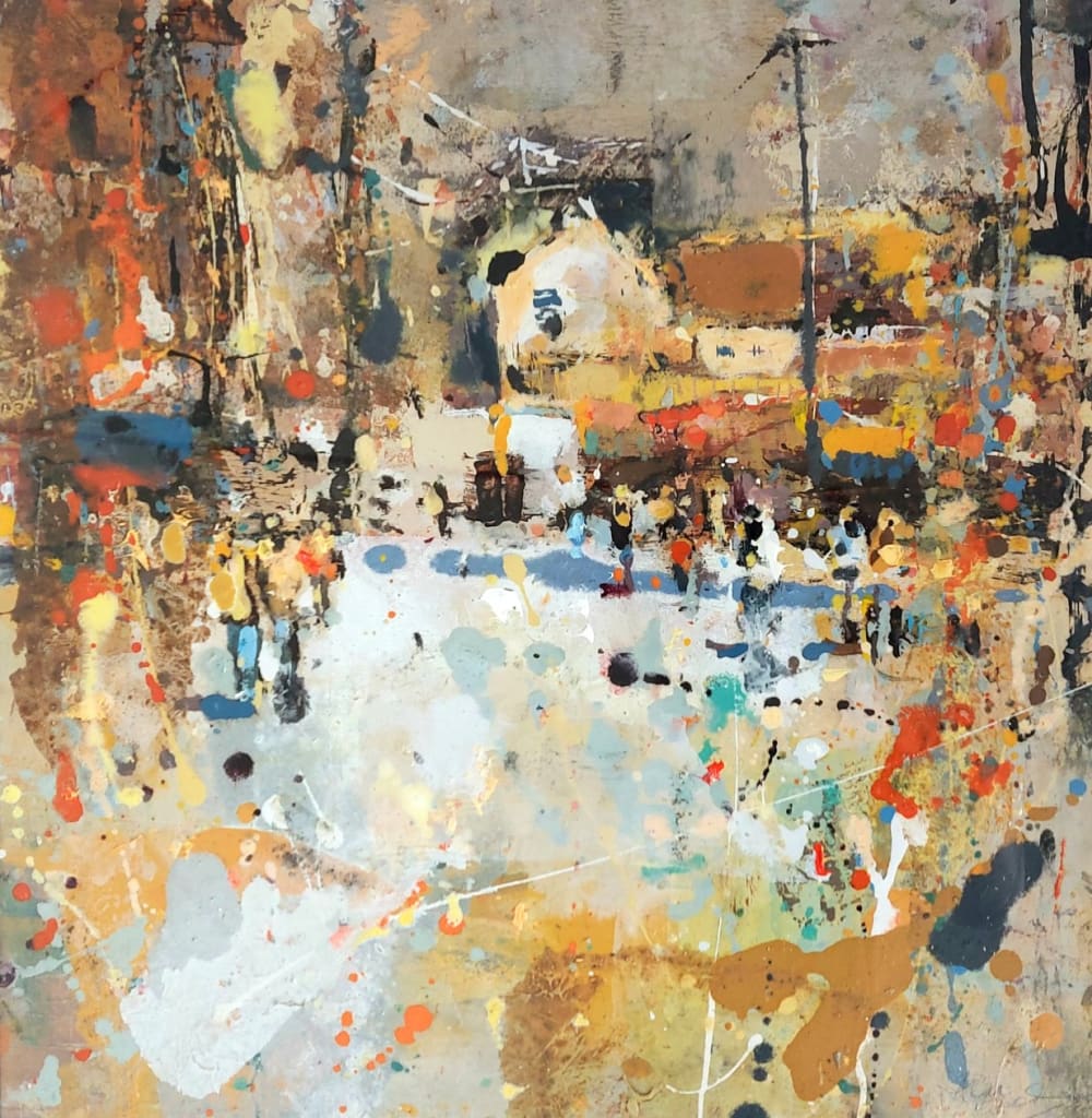 Andrew Hood painting, abstracted view of a busy side street in Delhi, people, building and electricity cables are rendered in spice colours, by loose mark making, dots, lines, and blocks of colour create the scene