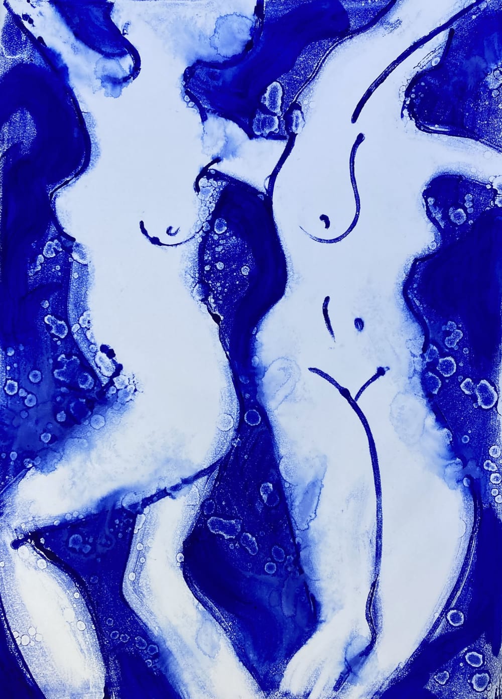 Clare Bonnet monotype of two dancing female nude figures in azure blue