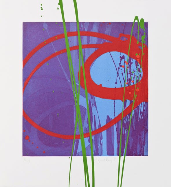 Charlotte Cornish abstract etching in blues and purples with a red dramatic circle and green lines