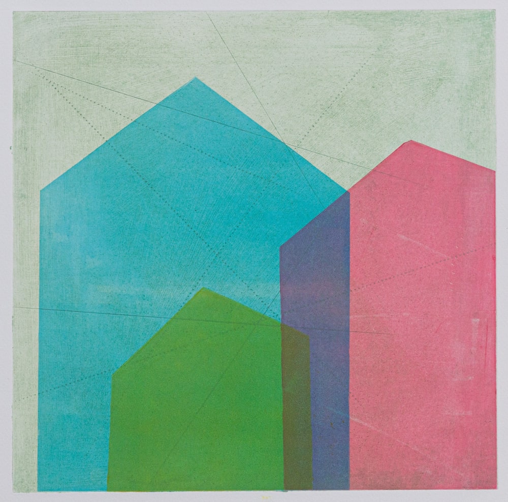 Kate Watkins print of 3 overlapping pentagons in blue, pink and green on a sage green background.
