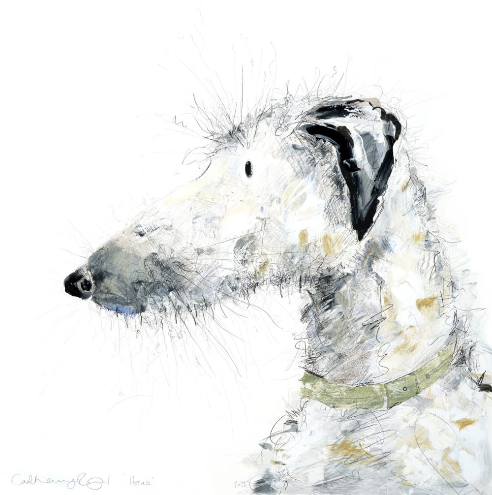Catherine Rayner original portrait of a grey-white wolfhound with hints of brown, turning his head to the left.