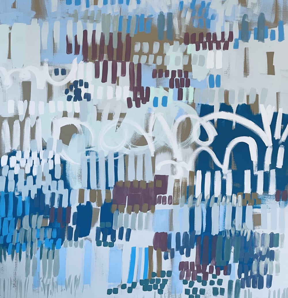 Claire Oxley abstract landscape painting in multiple shades of blue