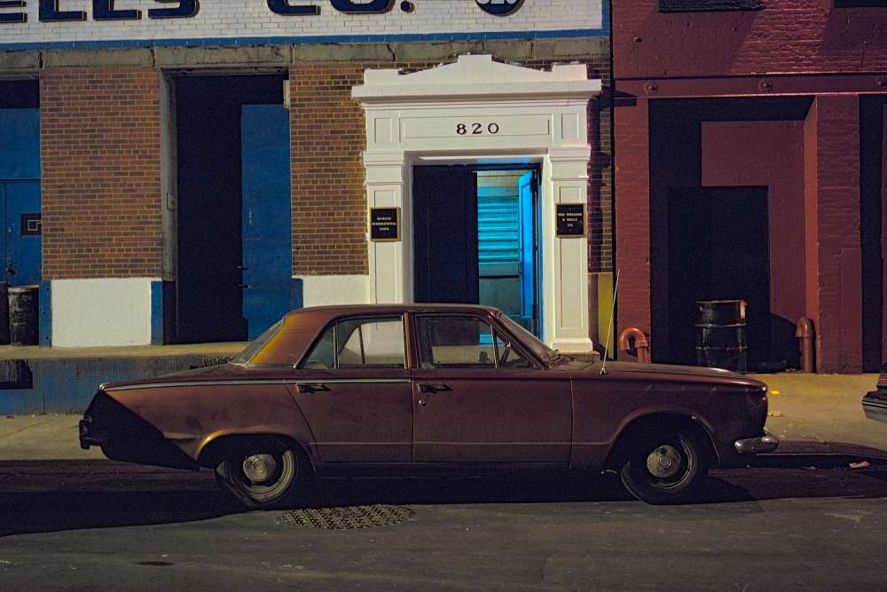 Langdon Clay, Beckoning Blue Car, Plymouth Valiant, The Brevoort, 11 5th Avenue, 1975