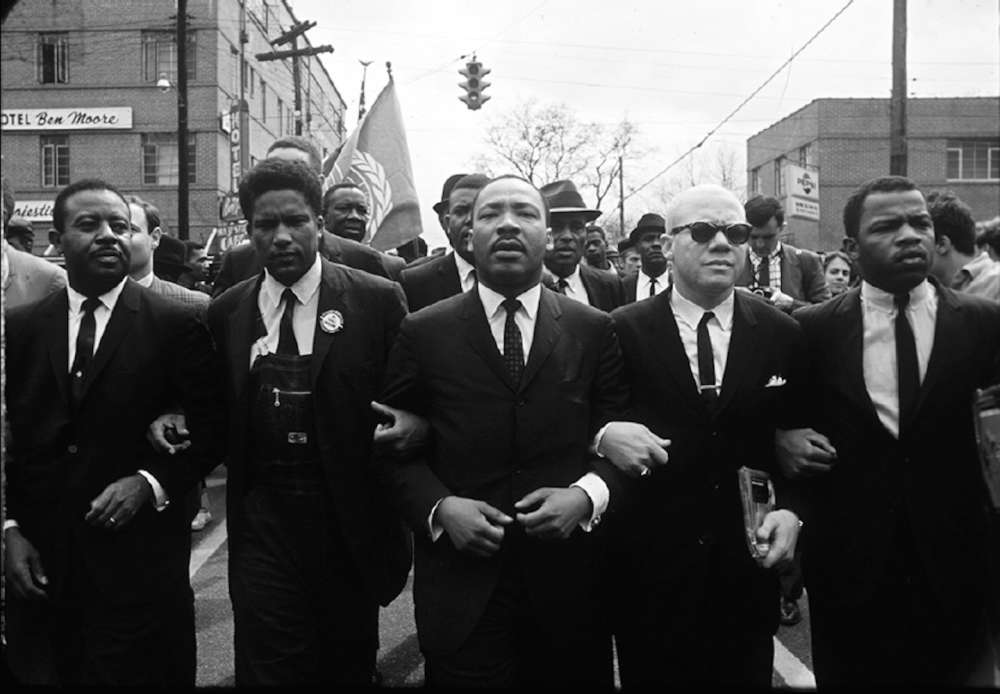 Steve Schapiro, Martin Luther King Marching for Voting Rights with John Lewis, Rev. Jesse Douglas, James Forman, and Ralph Abernathy, Selma March (B&W), 1965