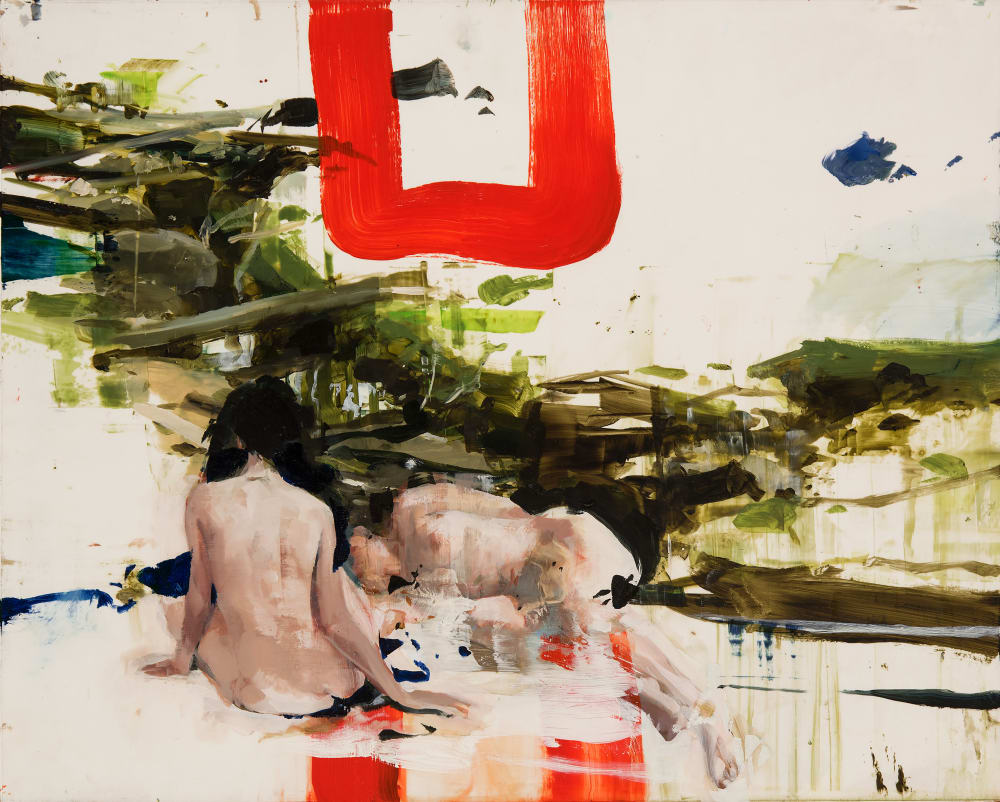 Ted’s Brook with Imaginary Ladies, 2015, Oil on Mylar mounted on panel, 19 1/2 x 23 1/2 inches