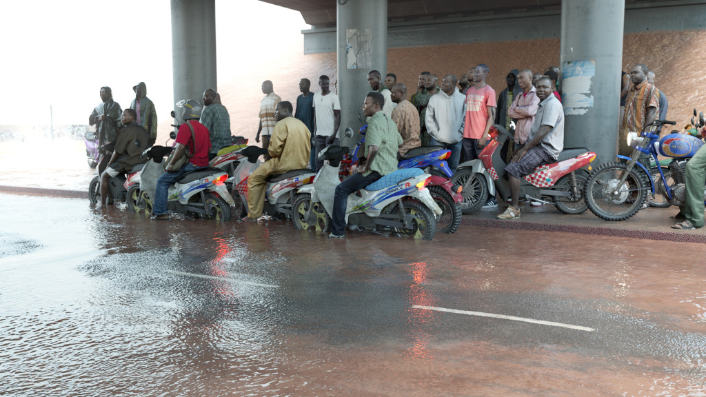 Oil workers (from the Shell company of Nigeria) returning home from work, caught in torrential rain