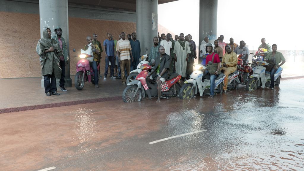 Oil workers (from the Shell company of Nigeria) returning home from work, caught in torrential rain