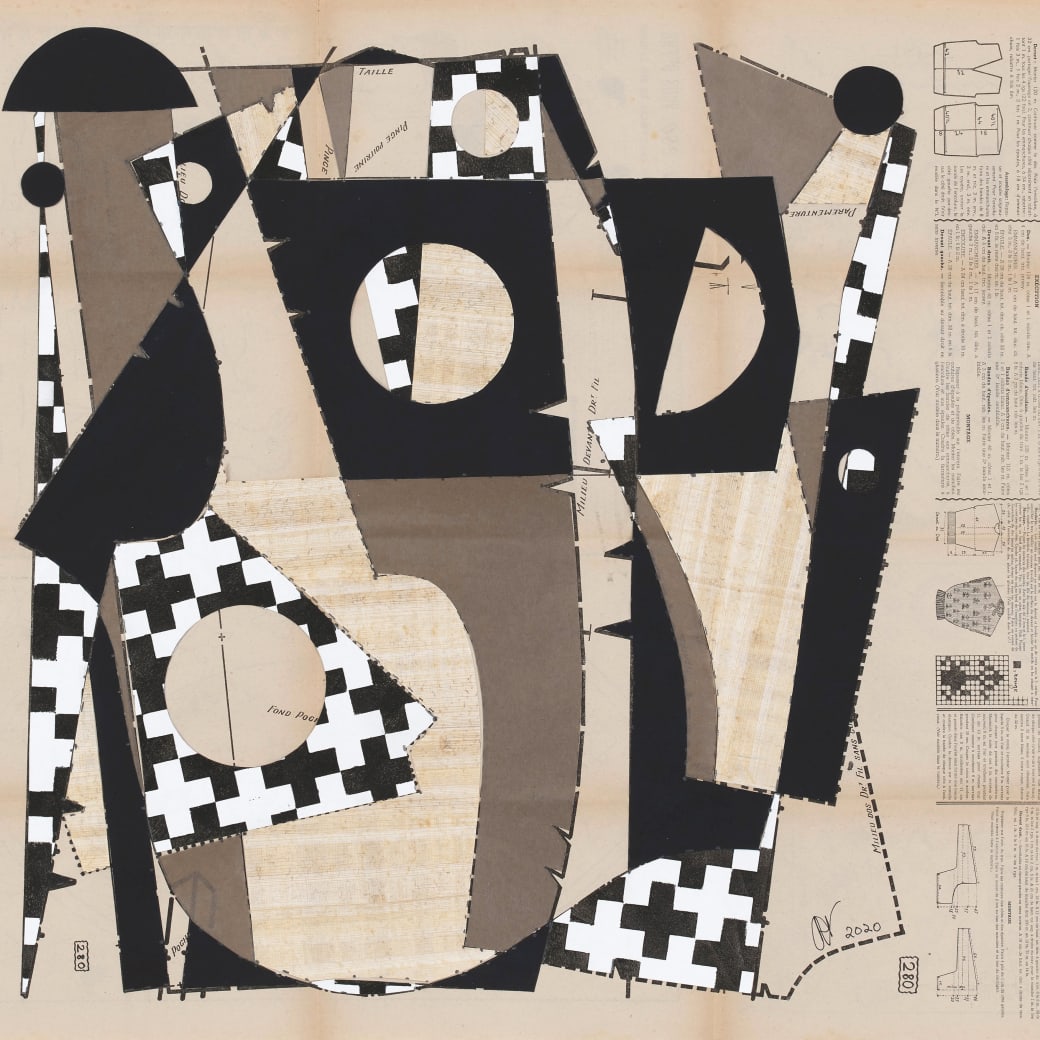 Detail from Hormazd Narielwalla's "Homage to Moore" hand painted stenciled paper, wood shaving paper and Japanese Washi paper collage