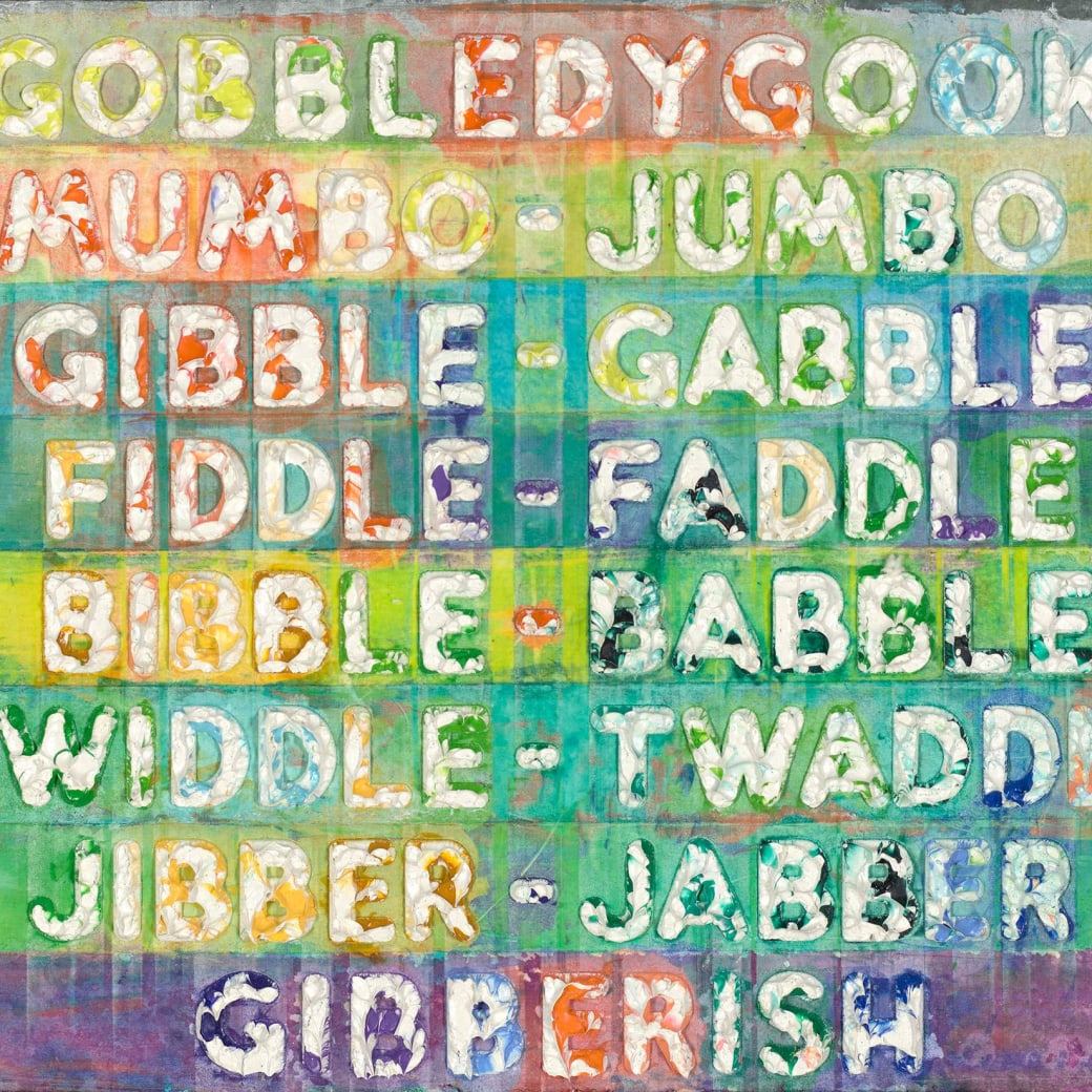 Detail from Mel Bochner's "Gobbledygook" monoprint with collage, engraving and embossment on hand-dyed Twinrocker handmade paper
