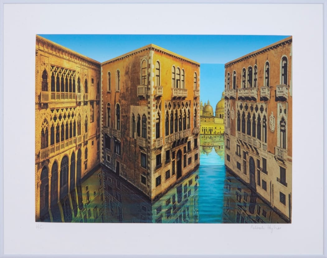 Patrick Hughes, Golden, 2022. Hand-painted multiple with archival inkjet