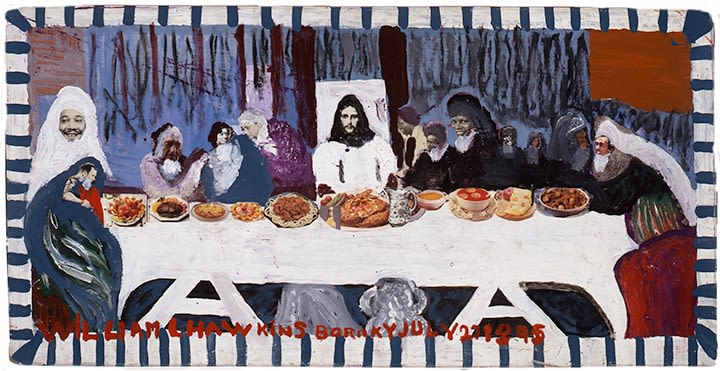 Untitled  (“Last Supper #6″), 1986. Enamel and collage on masonite. 24.5″ x 48”