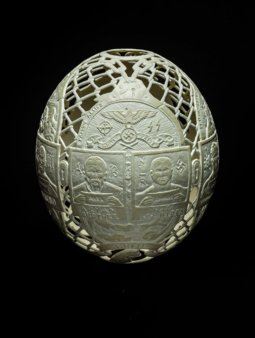 Gang Chart, 2015, carved ostrich eggshell, 6.5 x 5.1 in.