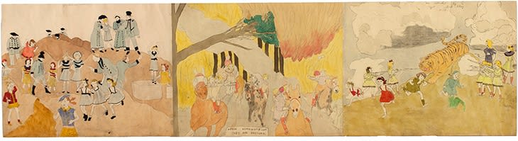 Side A: They are captured by Glandelinian soldier/After Osmondson they are rescued/At Rassing Hogan are attacked by a tiger which they kill, c. 1940-50, watercolor, carbon transfer and pencil on pieced paper, 19 x 70 in.