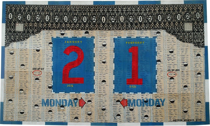 2 and 1, Robot Teaching Calendar, 2009, 32 ins. x 54 ins., mixed media on paper.