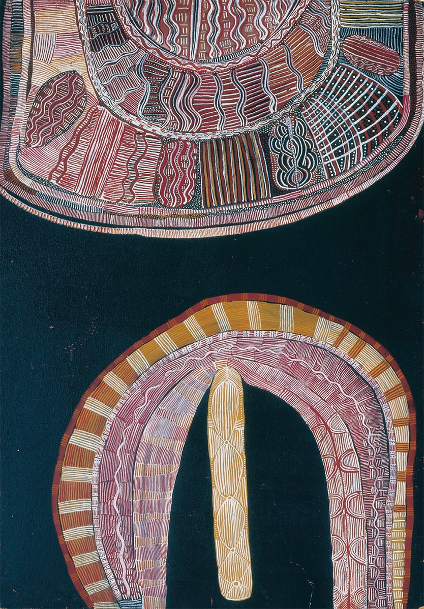 Mick Namararri Tjapaltjarri (c. 1927-1998). Pintupi, Big Cave Dreaming with Ceremonial Object, late 1972, synthetic polymer powder paint on composition board, 36 x 25.25 in. Cat. 32