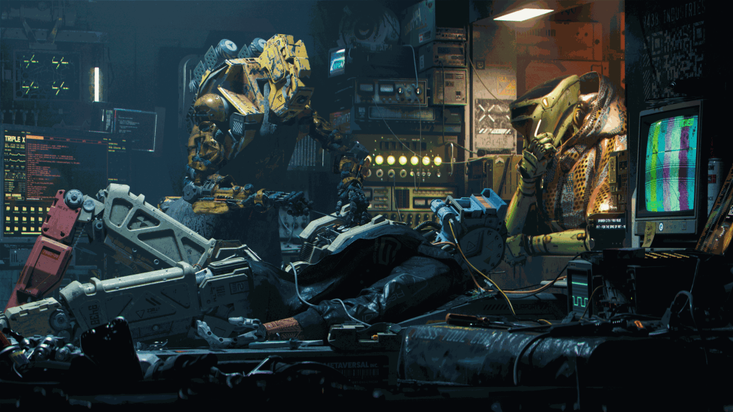 Gernge digital art NFT of two cyberpunk robots repairing a third