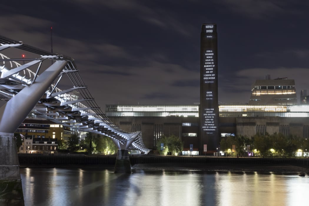 Image: HURT EARTH, 2021 Light projection Tate Modern, London Text: Braiding Sweetgrass by Robin Wall Kimmerer, © 2013 by the author. Used with permission of Milkweed Editions; Lord Norman Foster, “My Green Agenda for Architecture,” TED Talk, January 2007. Used with permission of Lord Norman Foster; Sheikh Hasina, 2021. Used with permission of the Climate Vulnerable Forum.  © 2021 Jenny Holzer, ARS Photo: Adam Kenrick