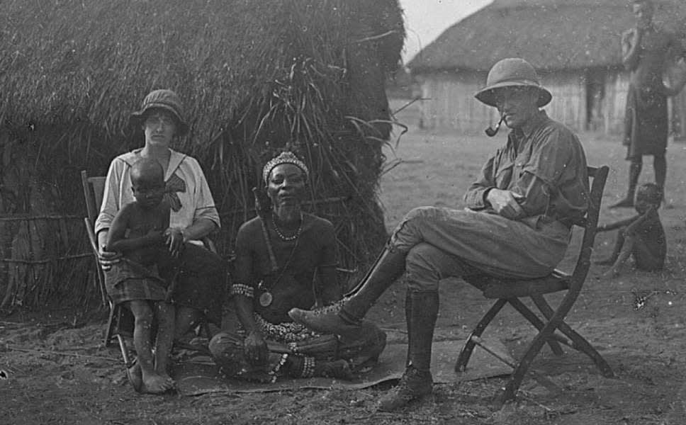 In Luba countryside: Judge Gorlia and his wife visiting a Luba village chief, ca. 1915. (EEPA 1977-0001-458) (image courtesy of the Eliot Elisofon Photographic Archives)