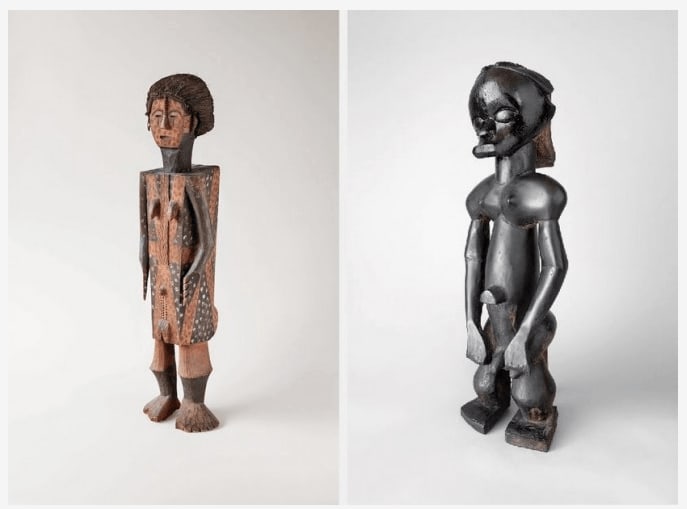 Nkundu Figure. Collection Fine Arts Museums of San Francisco, gift of Richard H. Scheller (2013.78.5) & Fang Figure. Scheller collection (L13.34.1). Ex Paul Guillaume. Pictures by Robert A. Kato.