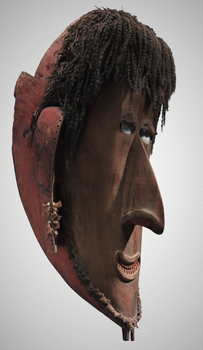 Mask. Saibai Island, Torres Strait (Northern Islands, Australia), pre 1870, wood, human hair, shell, seedpod, fiber, pigment, melo shell and coix seeds. Collection Toledo Museum of Art, Purchased with funds from the Libbey Endowment, Gift of Edward Drummo