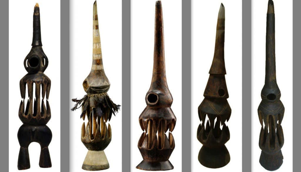 From left to right: Collection MAS – Antwerp (AE.1956.00024), MRAC – Tervuren (EO.0.0.35476), Private Collection, MRAC – Tervuren, MRAC – Tervuren. All 3 MRAC aerophones collected in the Batangi Chiefdom (Nande) by A. Jacob before 1934 and donated to the 