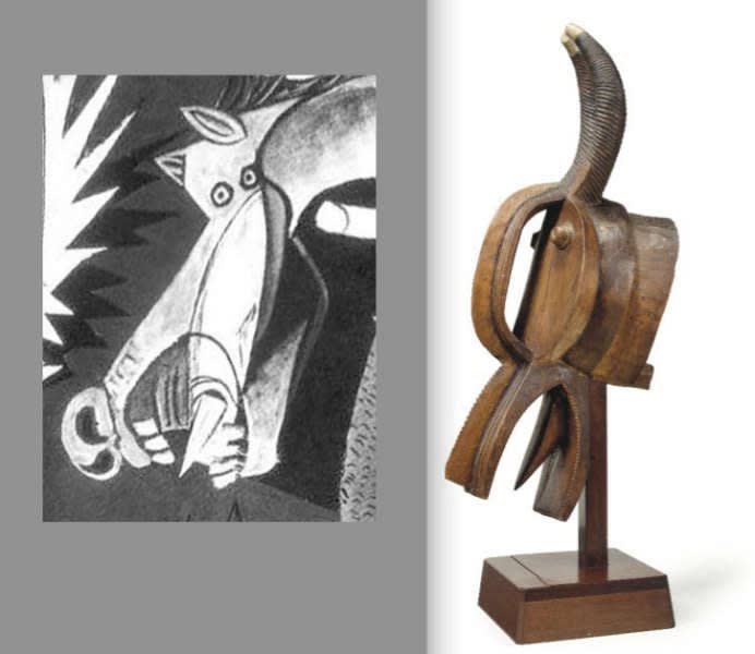 Left a detail of Picasso’s “Guernica” (1937) with the head reminiscent of the Baule mask on the right.