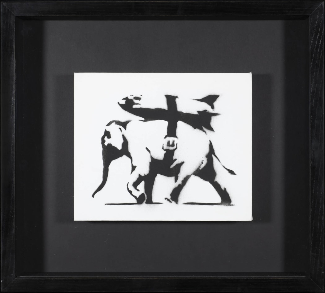 Banksy Heavy Weaponry black and white signed painting for sale