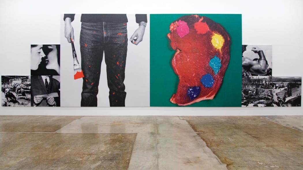 Stake: Art is Food for Thought and Food Costs Money, 1985 black-and-white photographs, color photograph, and acrylic paint on canvas 144 x 480 in. (365.8 x 1219.2 cm). Acquired in 2006 by Rubell Collection Miami.