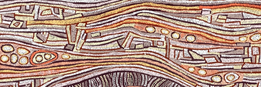 Detail image of large Bush Raisin Dreaming artwork by Aboriginal artist Esther Bruno Nangala. This painting depicts asymmetrical lines and roundels of soft yellows, browns, pinks and oranges using the traditional dotting technique of the Western Desert ar