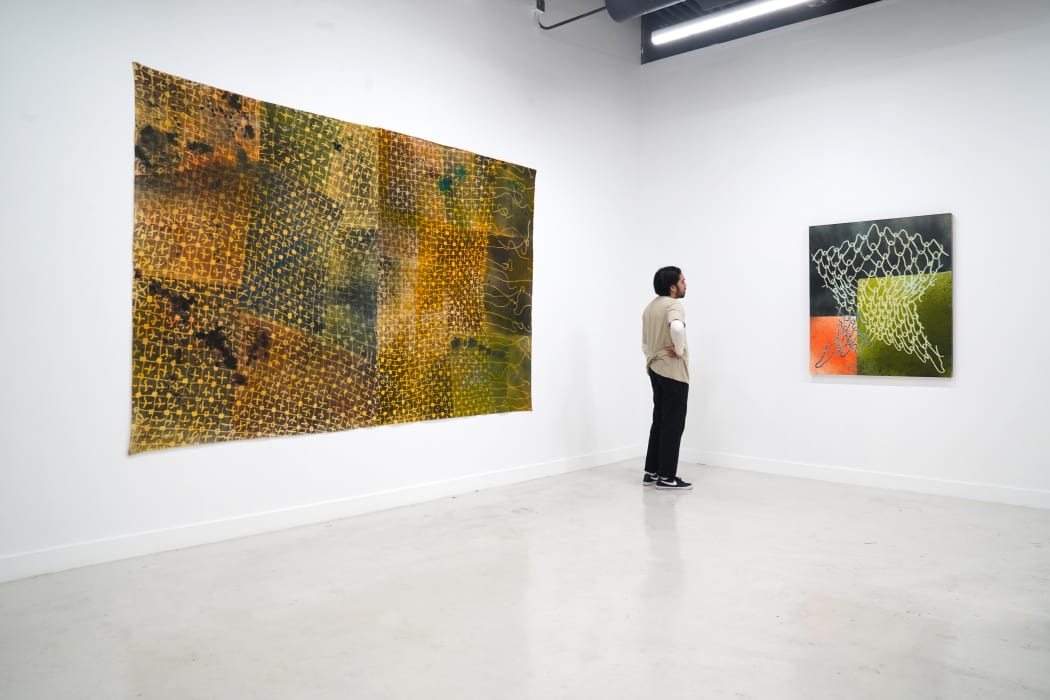 photo of a person standing in front of two abstract paintings by Michael Diamond