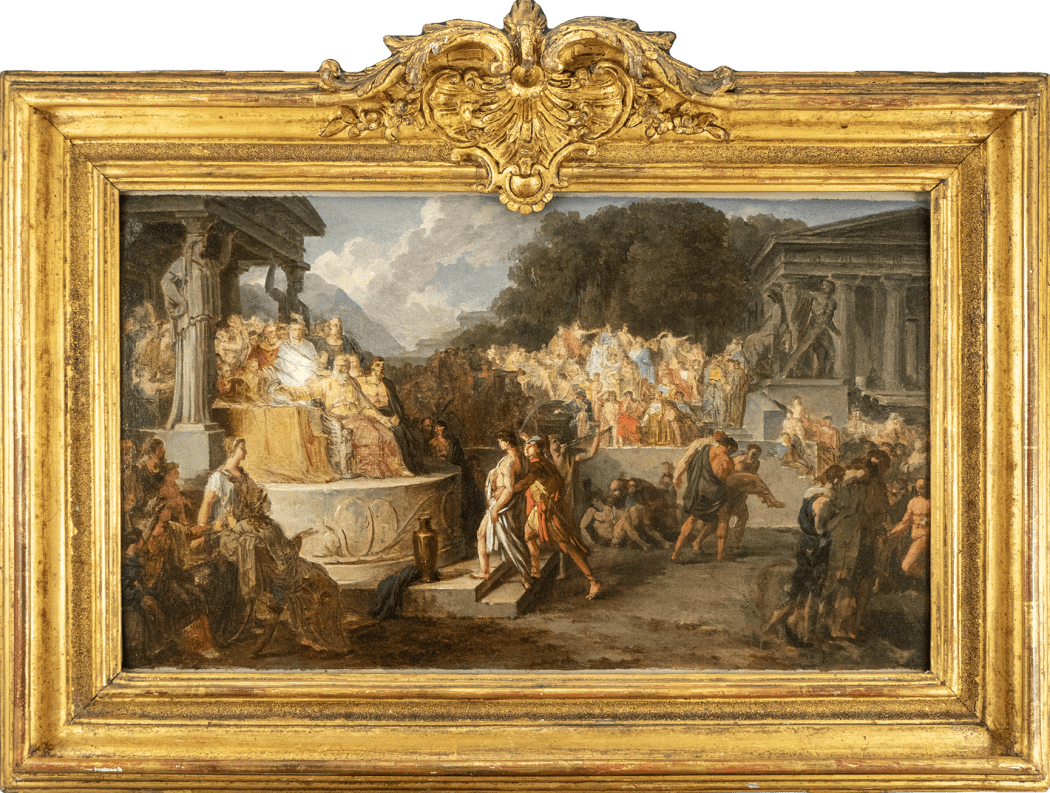 A preparatory sketch by Swiss artist Jean-Pierre Saint-Ours depicting the second version of the Olympic Gamed, entitled the Coronation of the Winner. Ornate gold-framed classical painting depicting an ancient civic scene, with robed figures seated on a ra