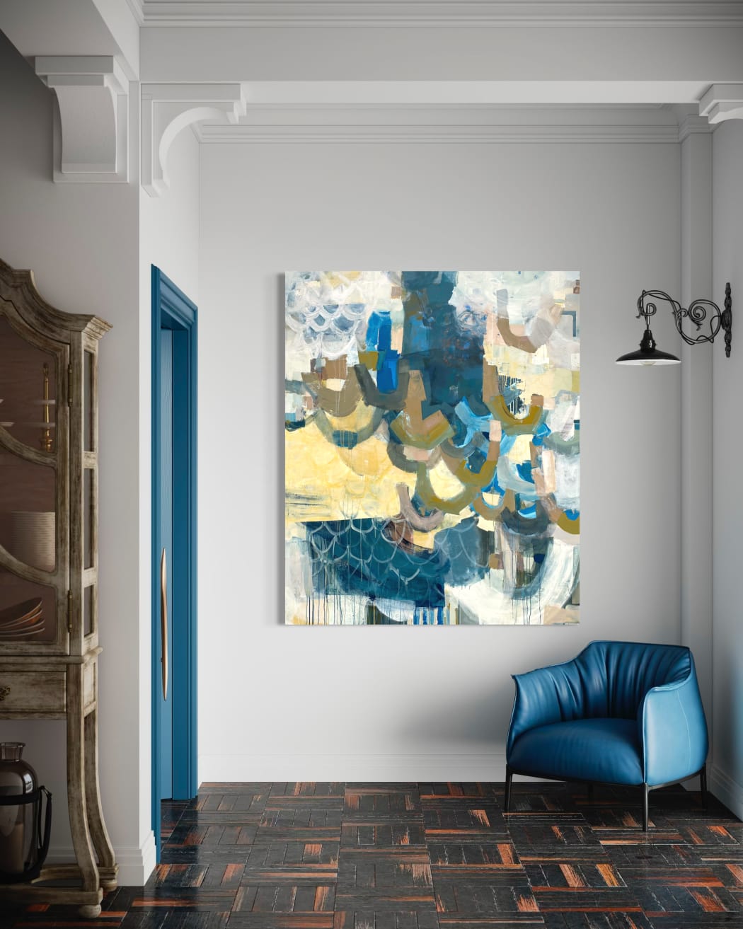 Shipyard by Terri Froelich, represented by Kennedy Contemporary | Vertical abstract blue and yellow painting staged in luxury interior