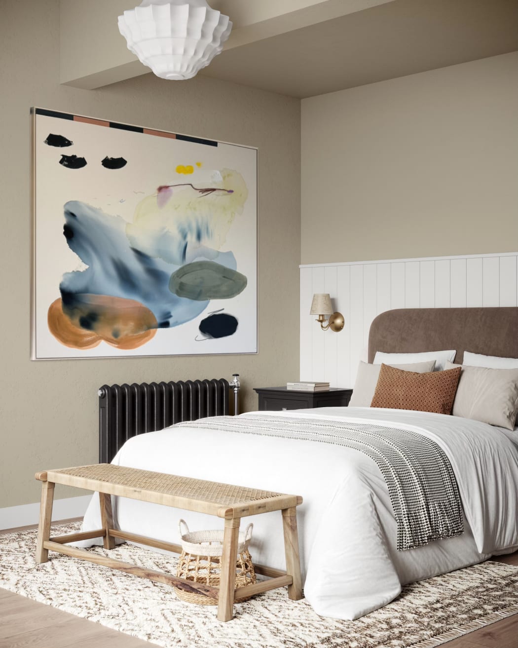 Mockup of artwork by karina bania in bedroom curated by Kennedy Contemporary art gallery in newport beach
