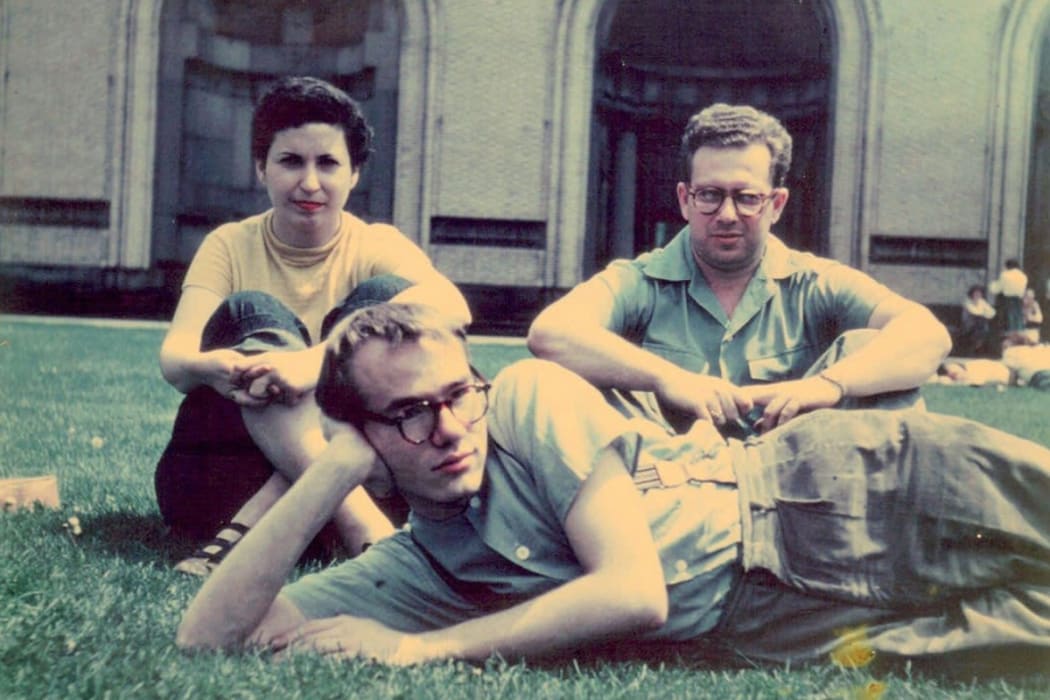Artists Andy Warhol (front), Dorothy Cantor, and Philip Pearlstein at Carnegie Tech in 1948.