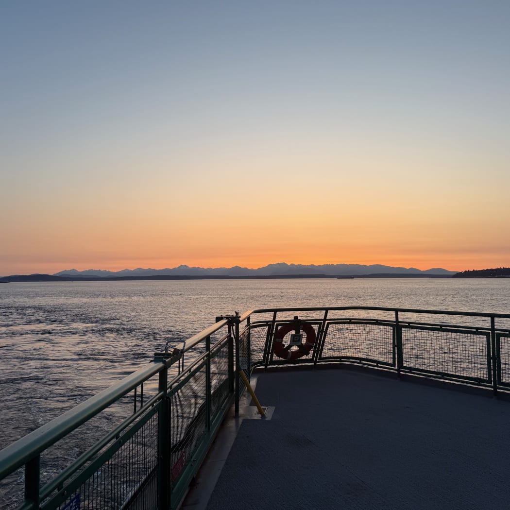 Jennifer Davey, view from the Seattle Bainbridge ferry at sunset, 4.23.25
