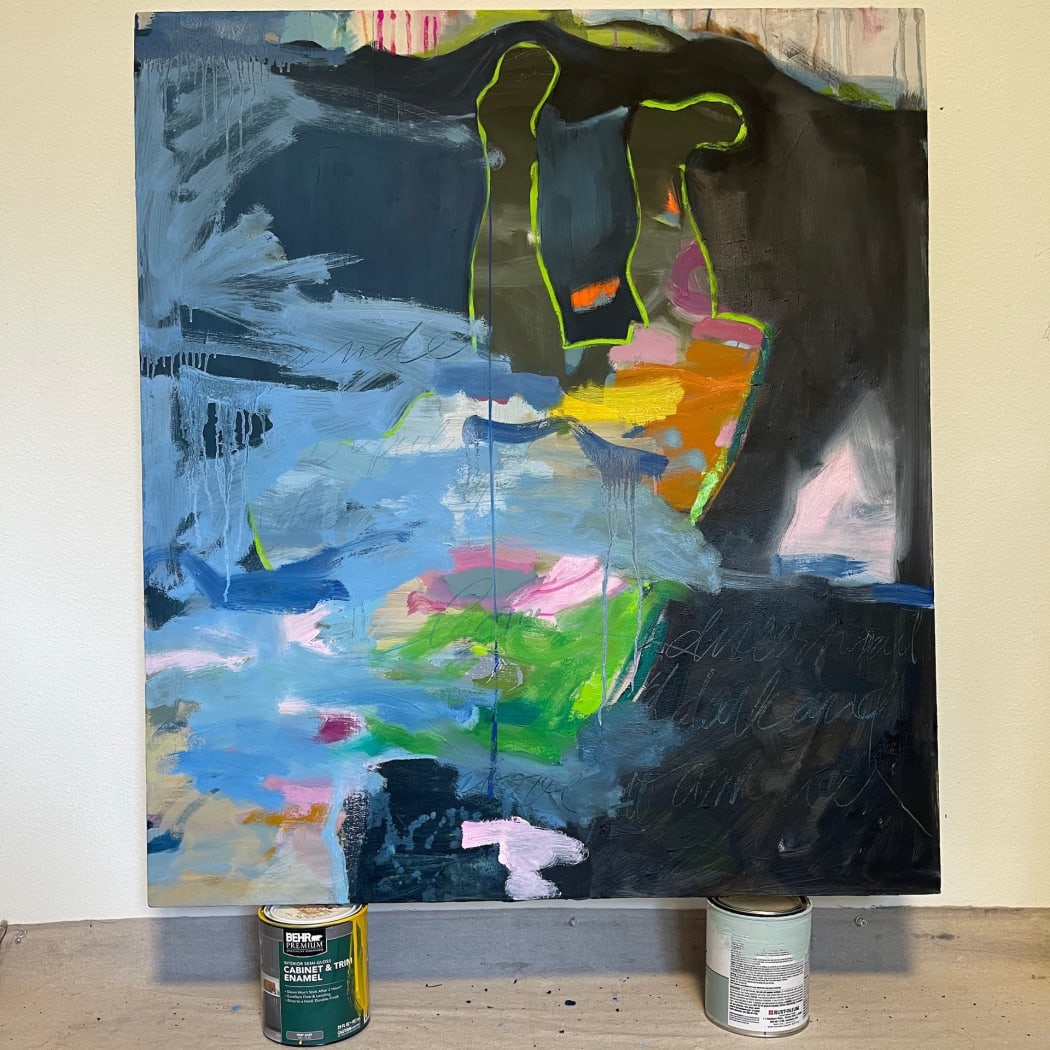 abstract painting in blues and greens with the vibrant green outline of an upside down child's legs and skirt