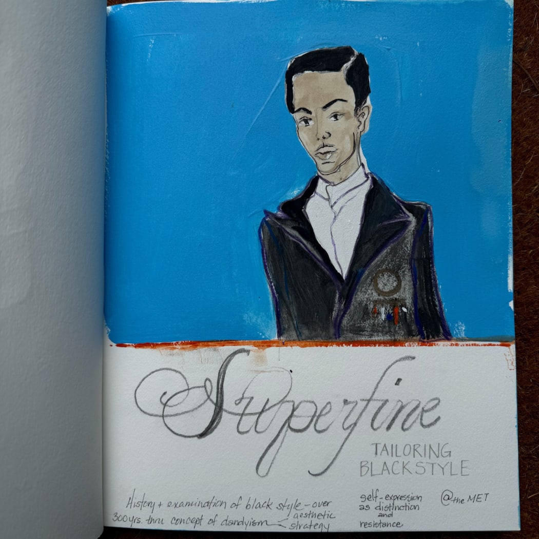 Jennifer Davey, sketchbook study - the MET exhibition Superfine - Tailoring Black Style, acrylic and pencil, 2025