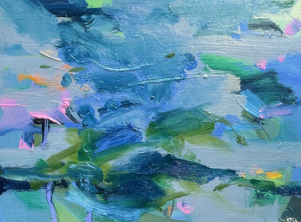 small abstract painting with all over composition in blues
