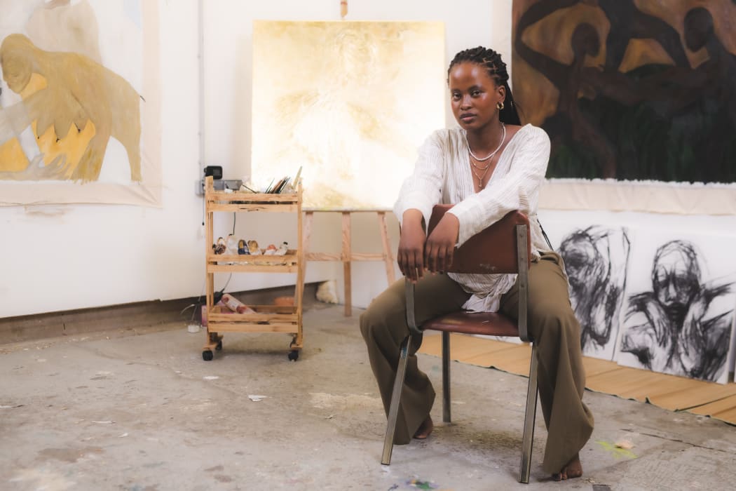 Nthabiseng in her studio at LaStation in Nice during the Makwande Art Residency