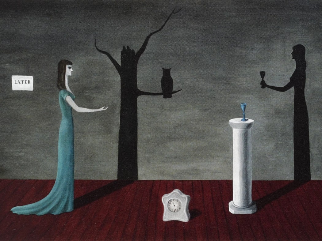 An evocative painting by Gertrude Abercrombie titled 'Strange Shadows,' displaying a surreal scene with a woman in a teal dress reaching towards a barren tree, an owl perched on a branch, a shadowy figure holding a goblet, a pedestal with a blue goblet, a