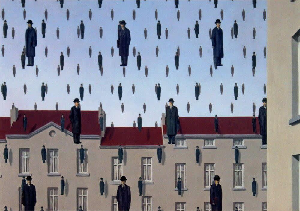 René Magritte's 'Golconda' (1953), part of The Menil Collection in Houston, portrays multiple identical men dressed in dark overcoats and bowler hats, seemingly suspended in mid-air against a backdrop of a clear blue sky and rows of red-roofed houses.