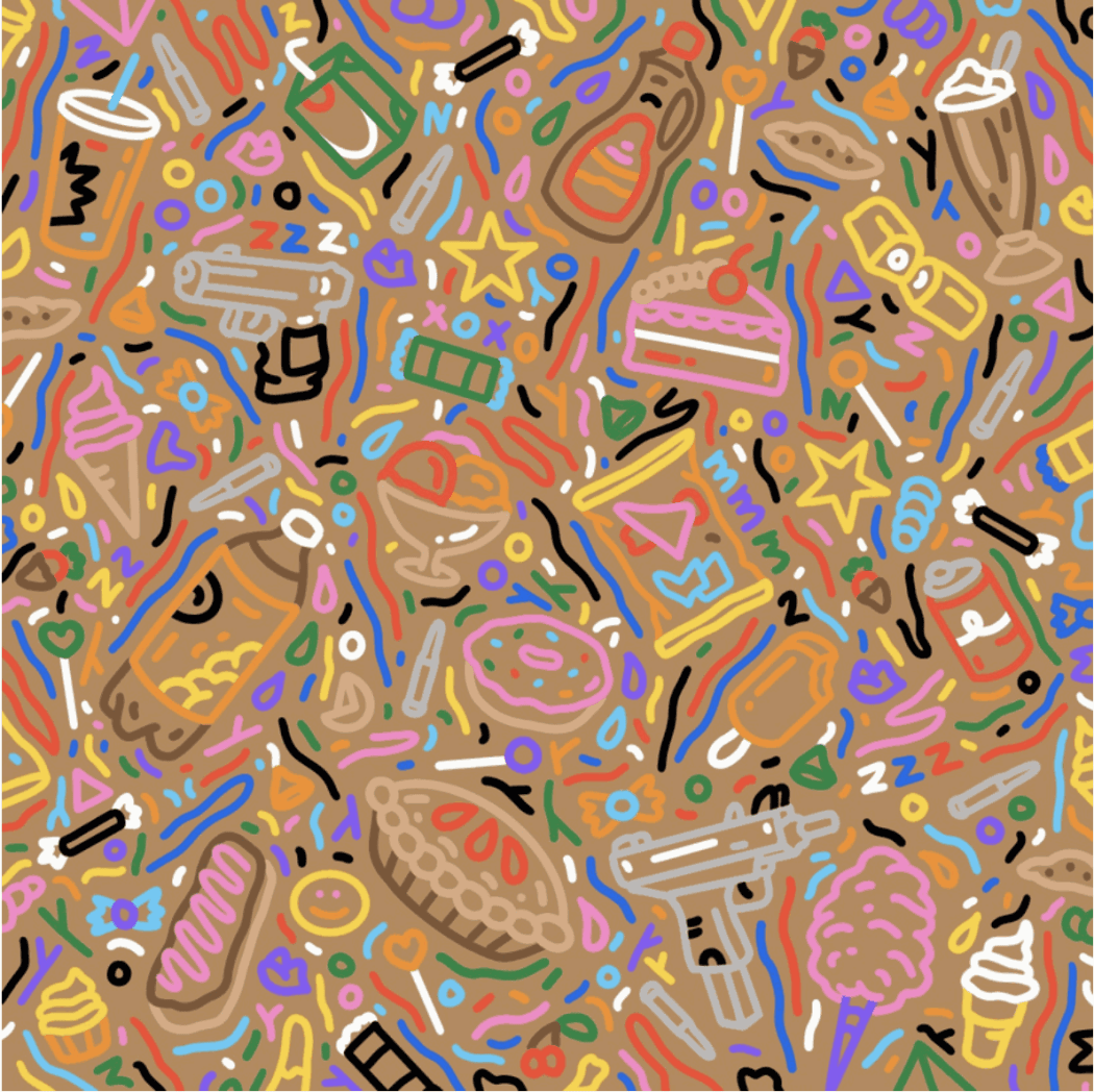 Chance Cooper's painting "American Sugar," depicting different colored outlines of food and abstract symbols.