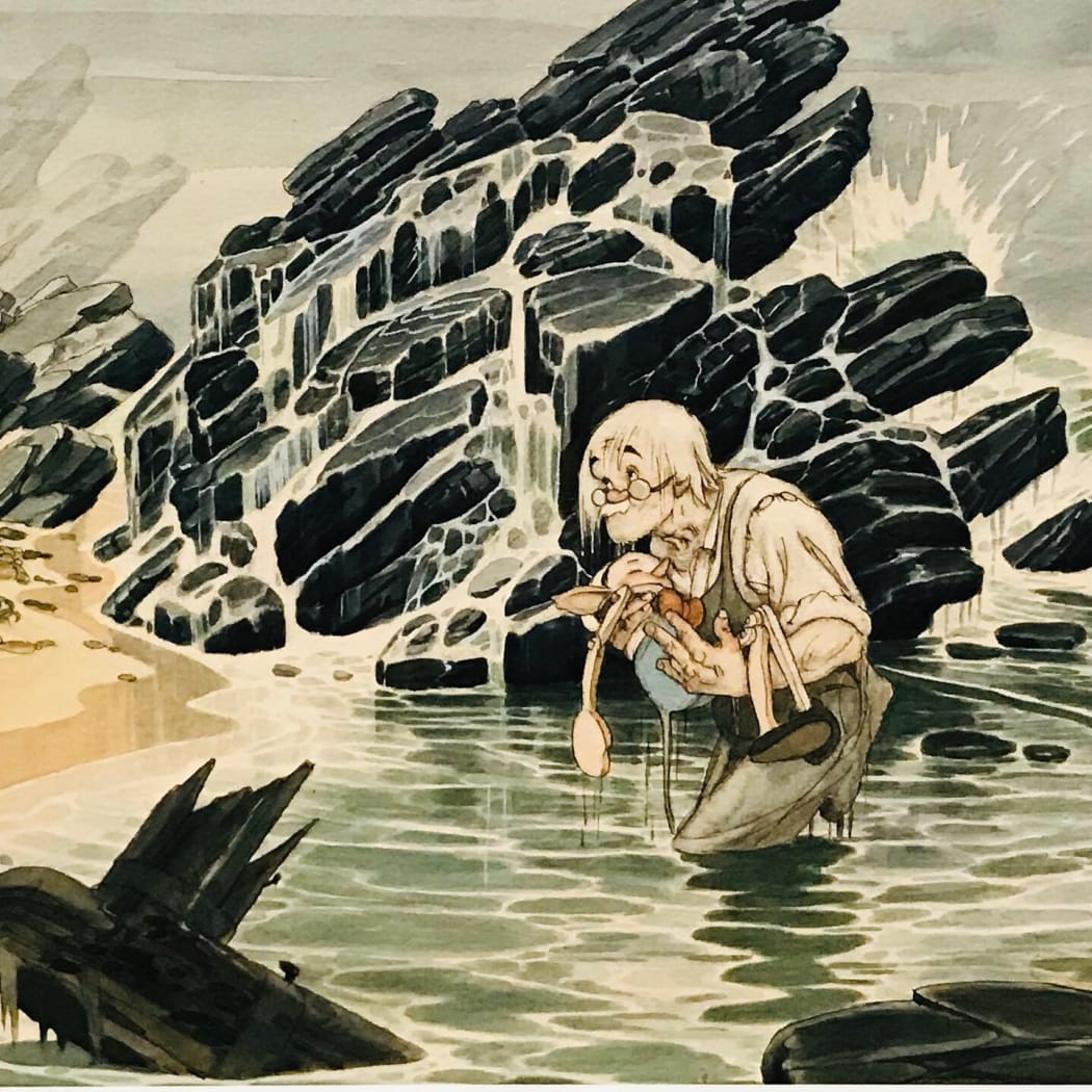 Gepetto recovers Pinocchio's unconscious body, Gustaf Tenggren, watercolour illustration for Disney